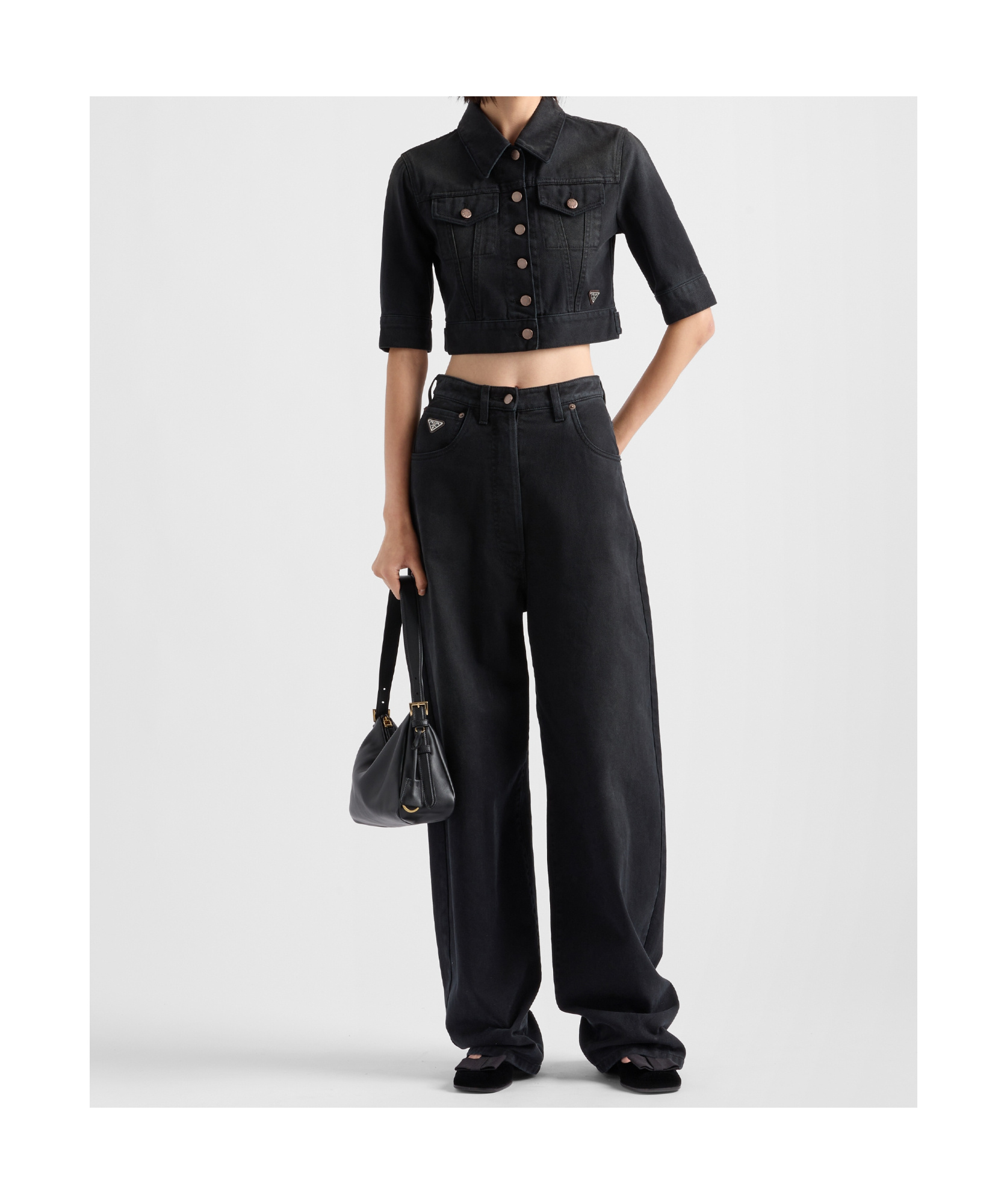 Shop Prada Cropped Denim Blouson Jacket In Black