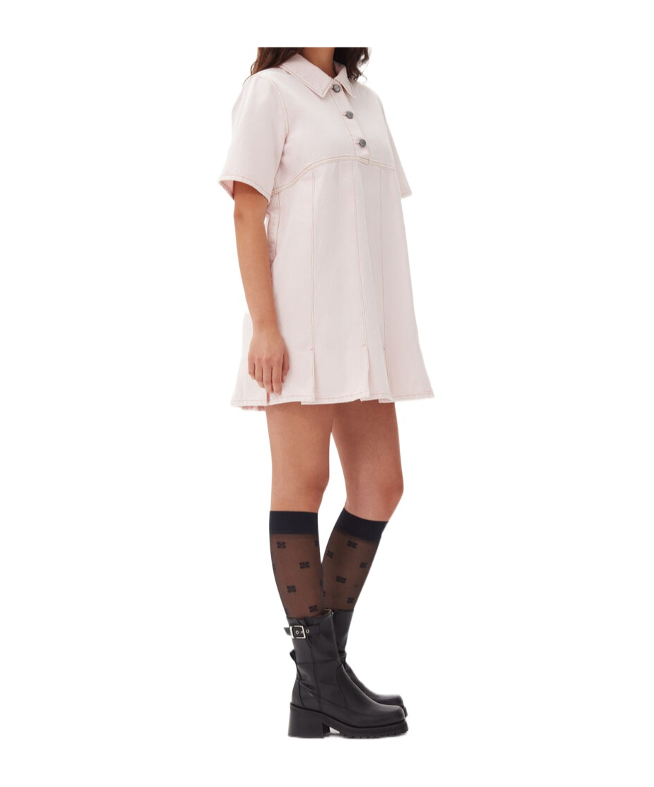 Ganni Pleat-hem Denim Mini Dress In Pink