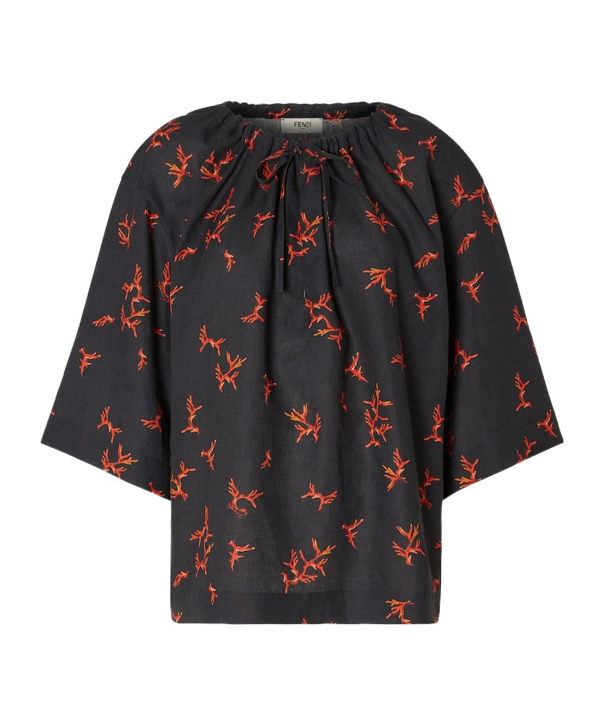 Fendi Floral Print Linen Top With Wide Sleeves In Black