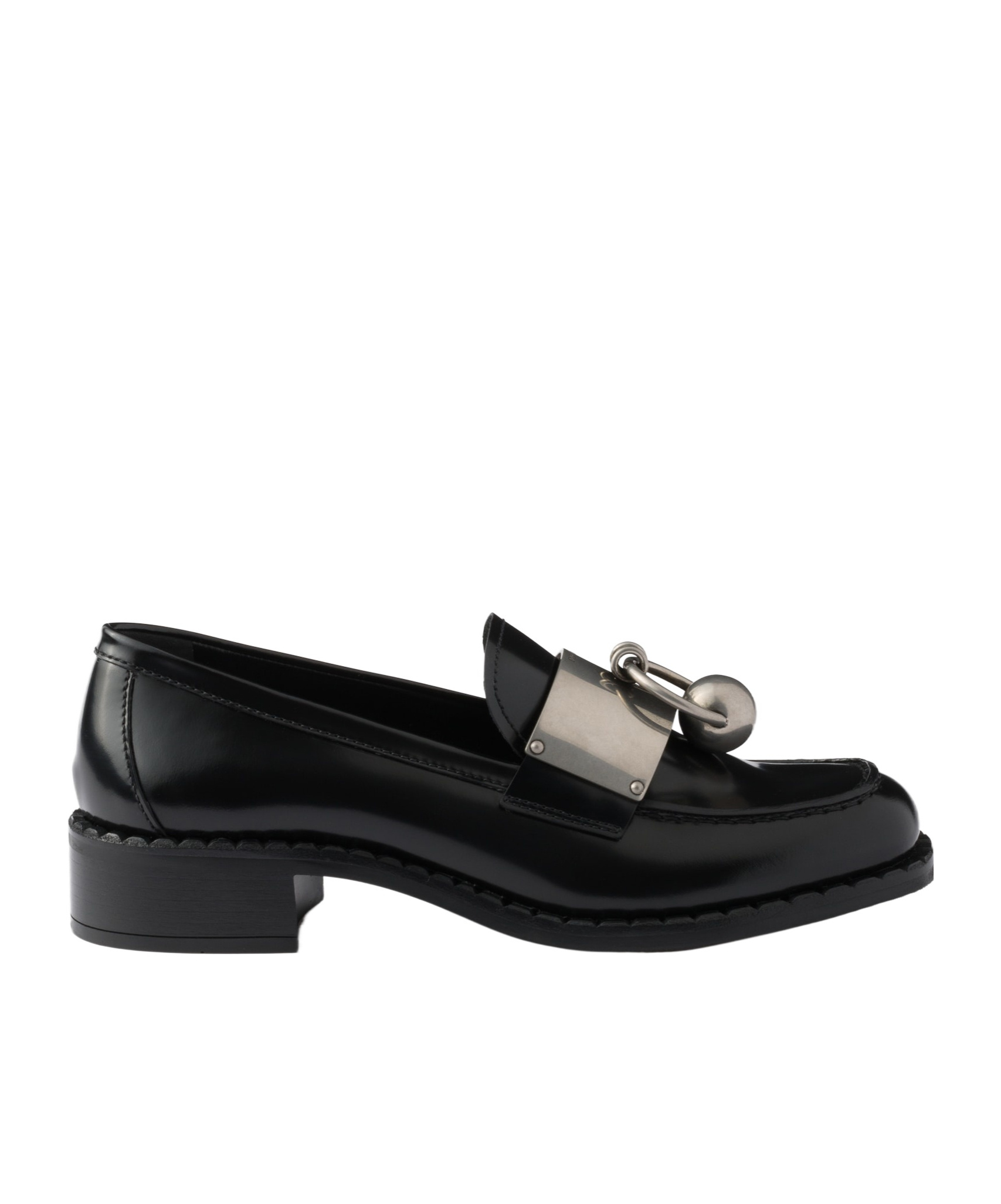 Prada Leather Loafers With Block Heel And Metallic Detail In Black