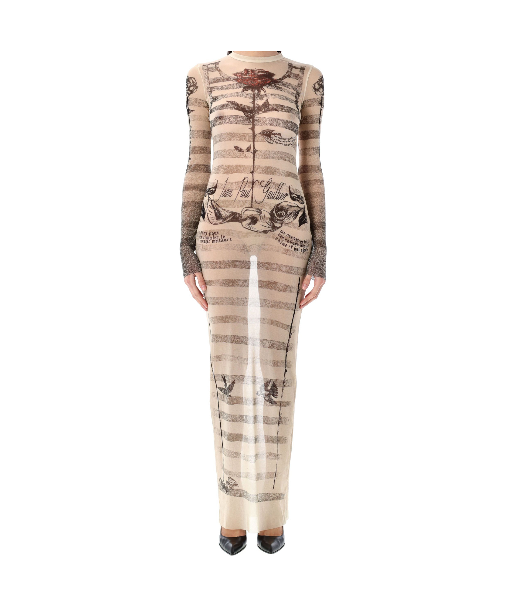 Jean Paul Gaultier Mesh Tattoo Striped Long Dress In Nude