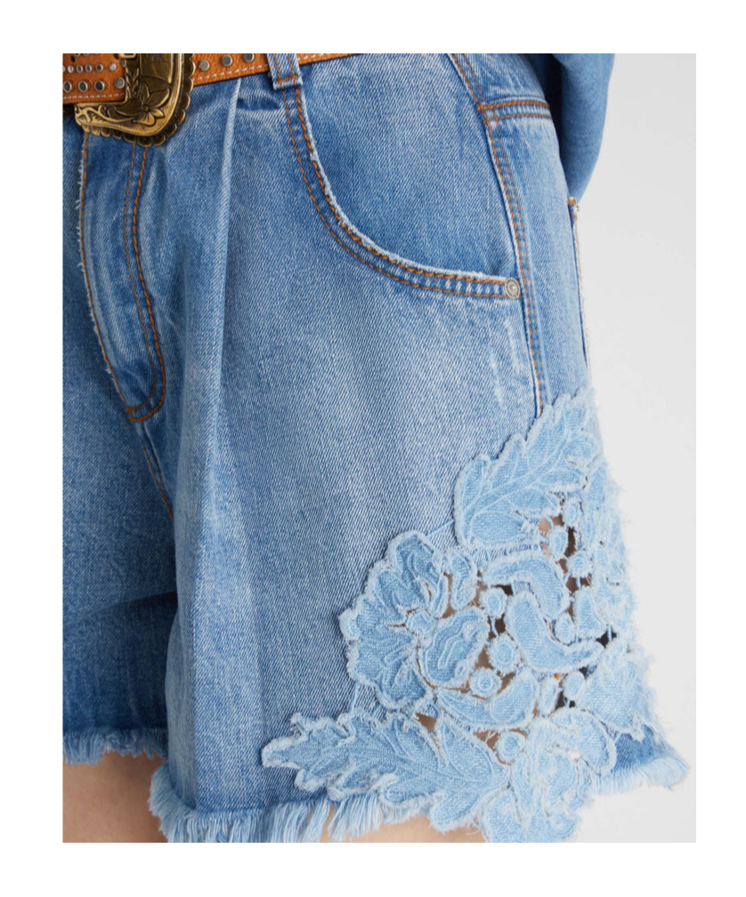 Shop Ermanno Scervino Lace Panelled Denim Shorts In Blue