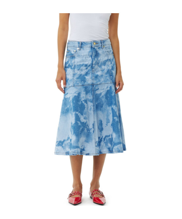 Ganni Blue Bleach Denim Flounce Midi Skirt In Blue