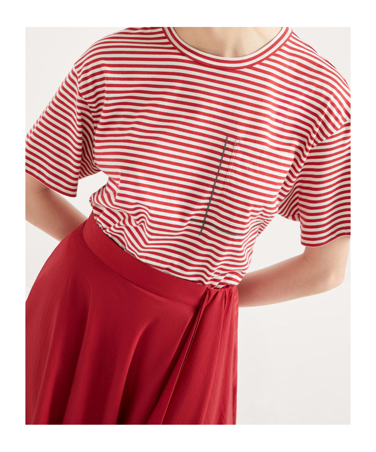 Brunello Cucinelli Red Crewneck T-shirt With All-over Striped Motif And Jewel Detail On The Front In In Red