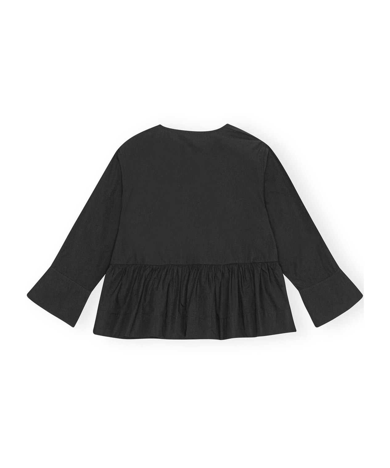 Ganni Long Sleeve Cotton Poplin Tie String Peplum Blouse In Black