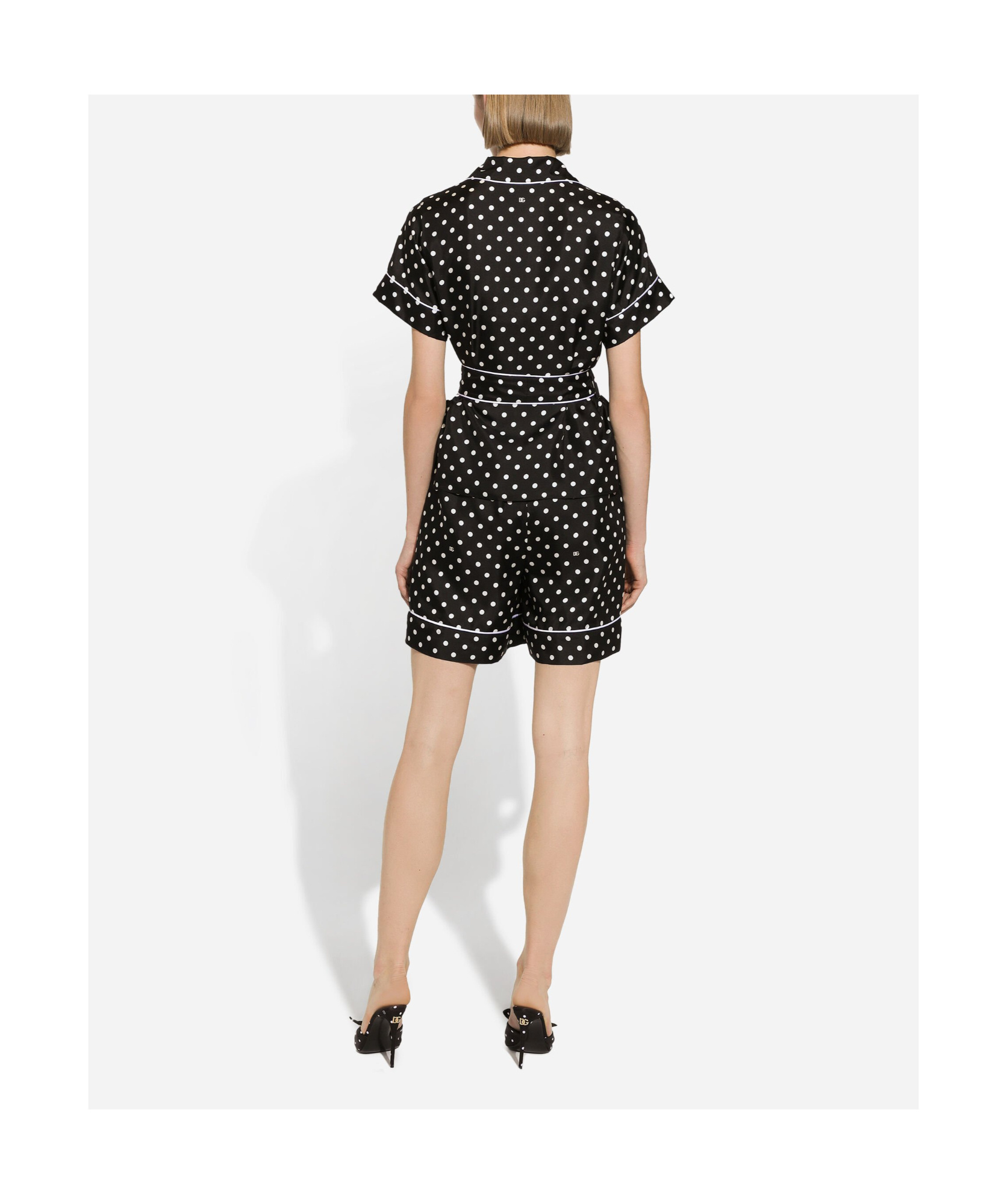Dolce & Gabbana Short-sleeved Silk Pajama Shirt With Polka-dot Print In Black