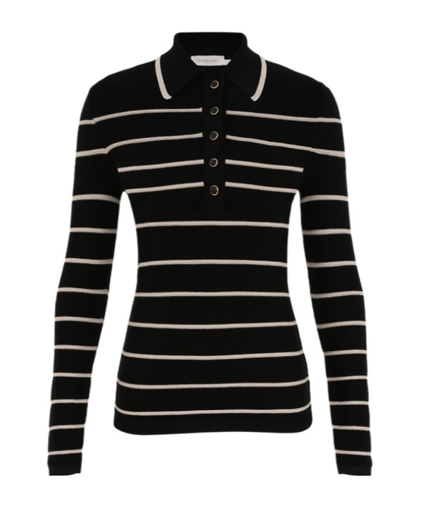 Zimmermann Crush Striped Knit Polo Top In Black