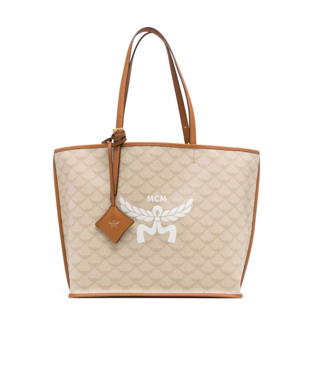 Mcm Medium Himmel Lauretos Logo Printed Tote Bag In Nude