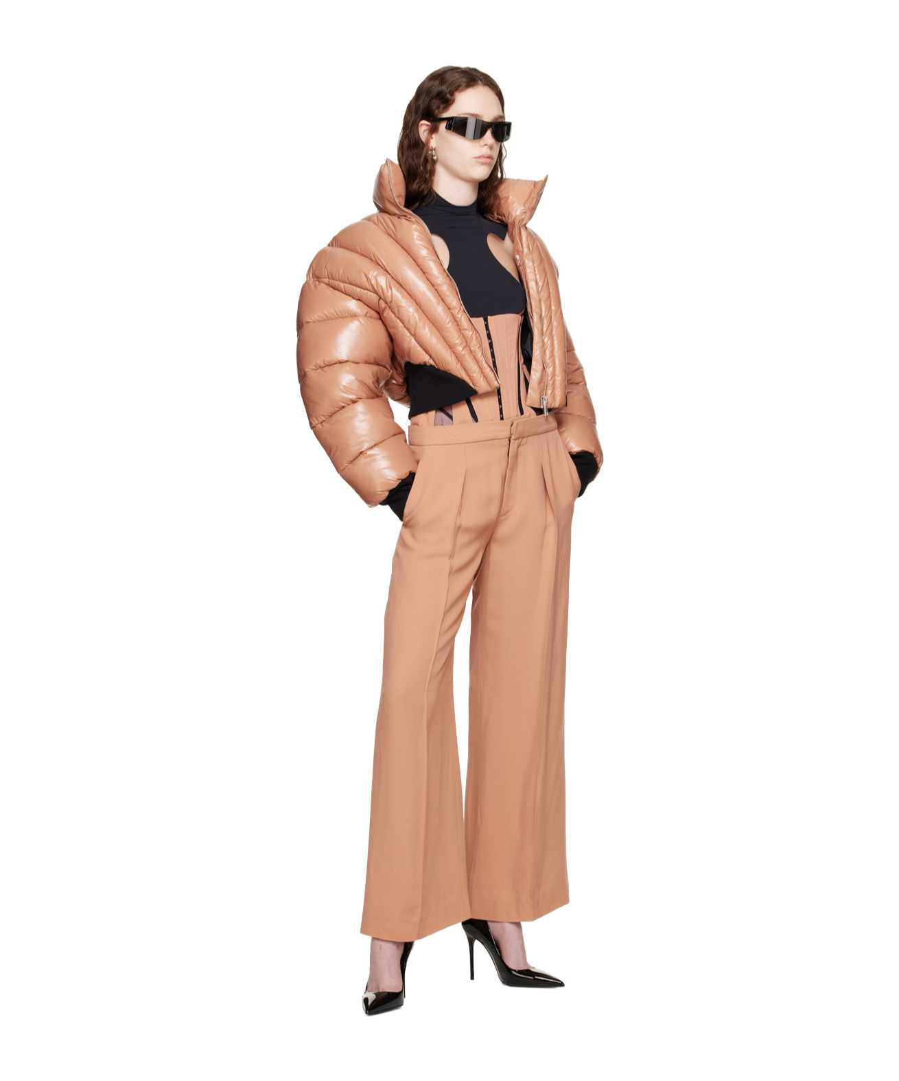 Mugler Tan Tailored Trousers & Corset Set In Nude