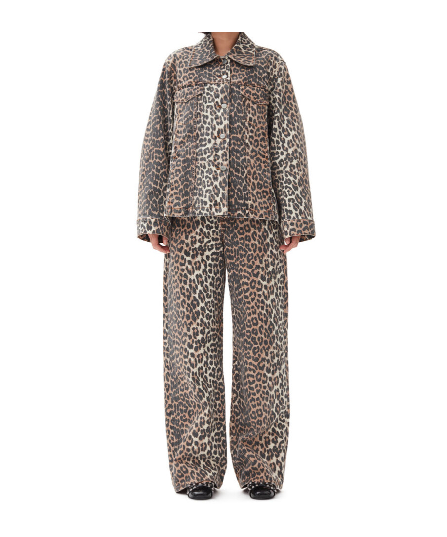 Ganni "leopard Print Denim Jacket" In Nude