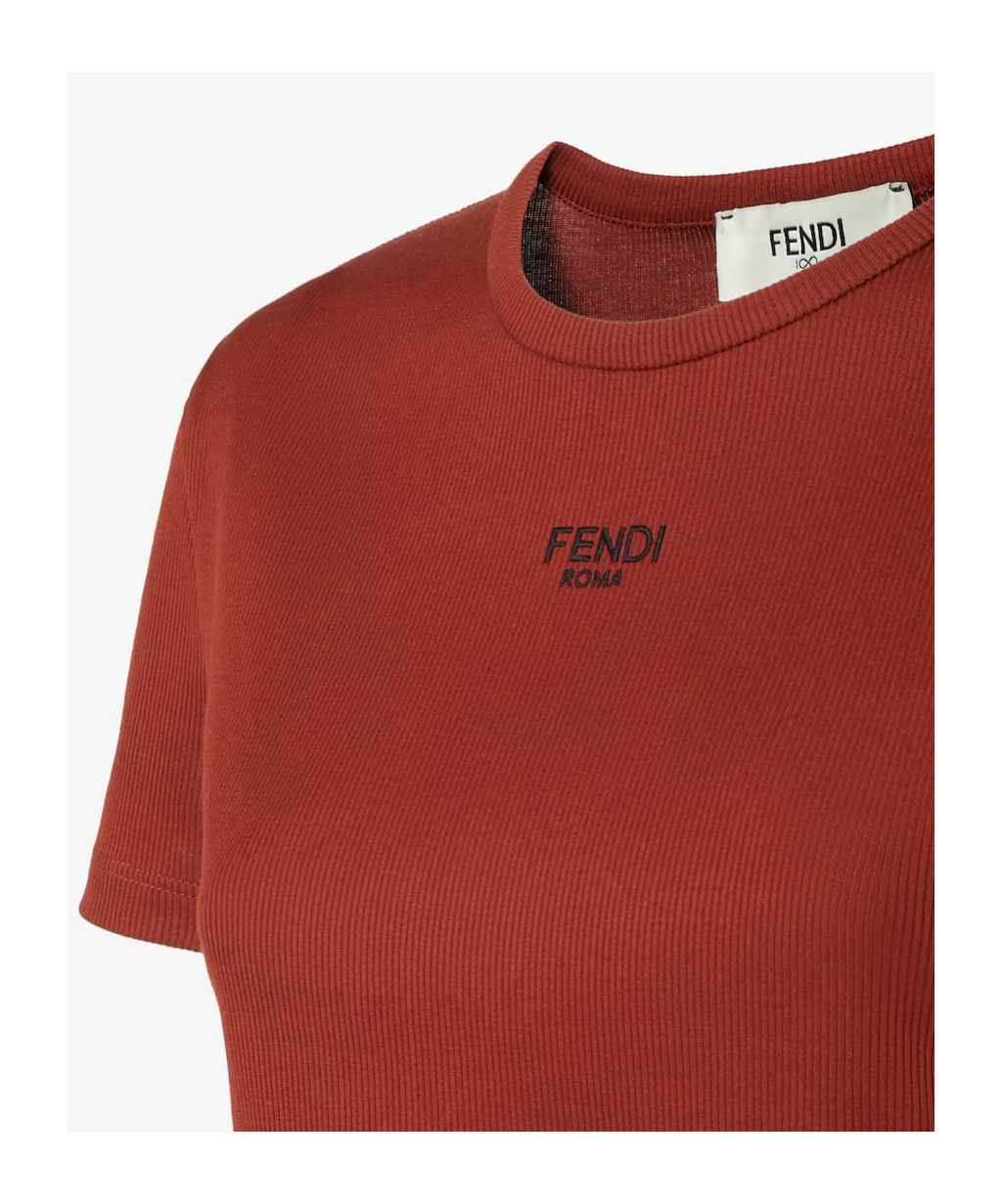 Fendi Embroidered Logo Short Sleeve Top In Brown