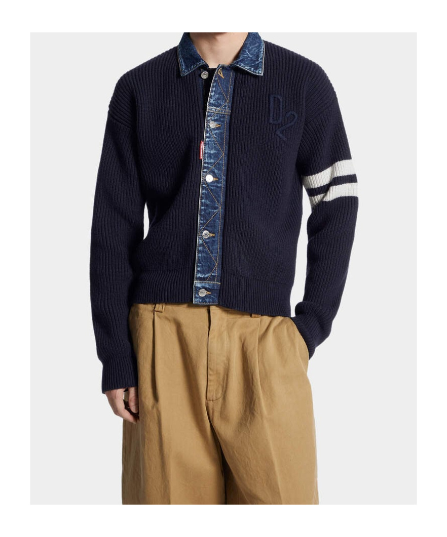 Dsquared2 Blue Cardigan With Denim Panels And Striped Details On The Sleeve In Wool And Cashmere Man In Blue