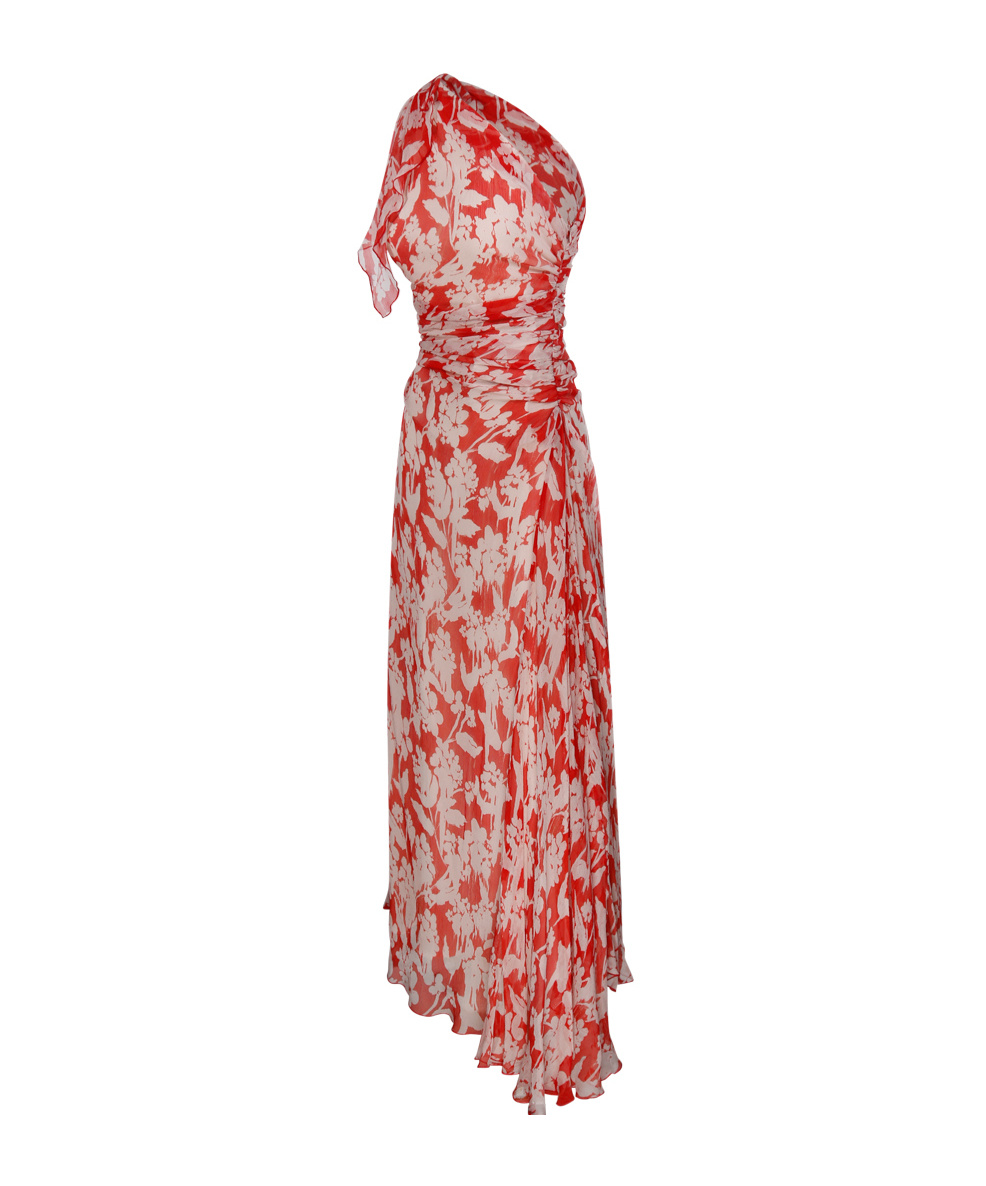 Victoria Beckham Floral Print One-shoulder Draped Midi Dress In Nude