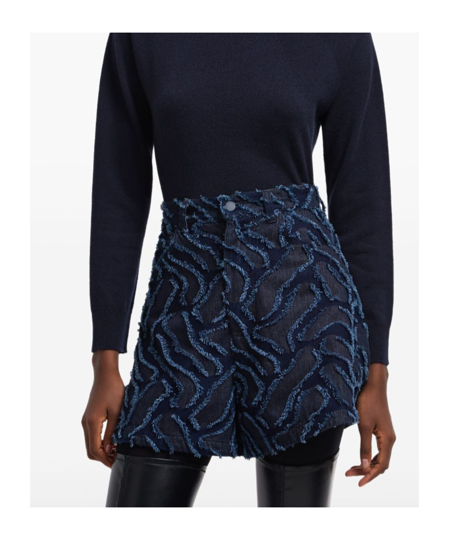 Emporio Armani Fringed Embossed Jacquard Denim Shorts In Blue