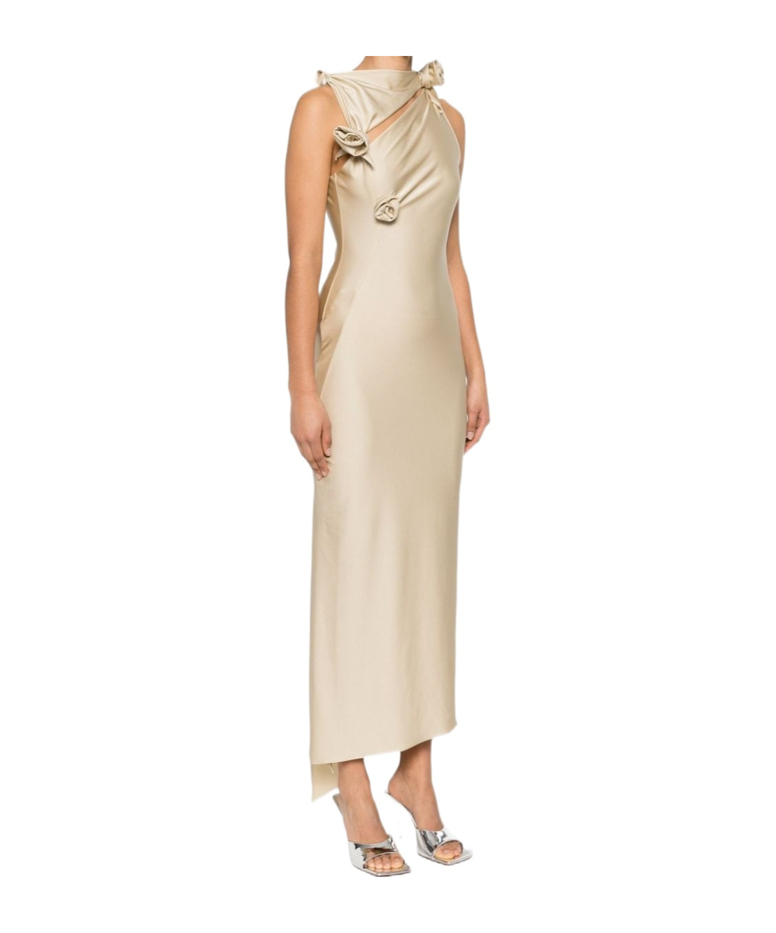 Coperni Rosette Cutout Asymmetric Stretch Jersey Gown In Nude