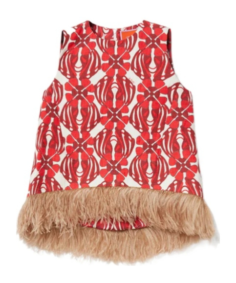 La Doublej Icon La Scala Feather-trimmed Printed Stretch-cotton Tweed Top In Red