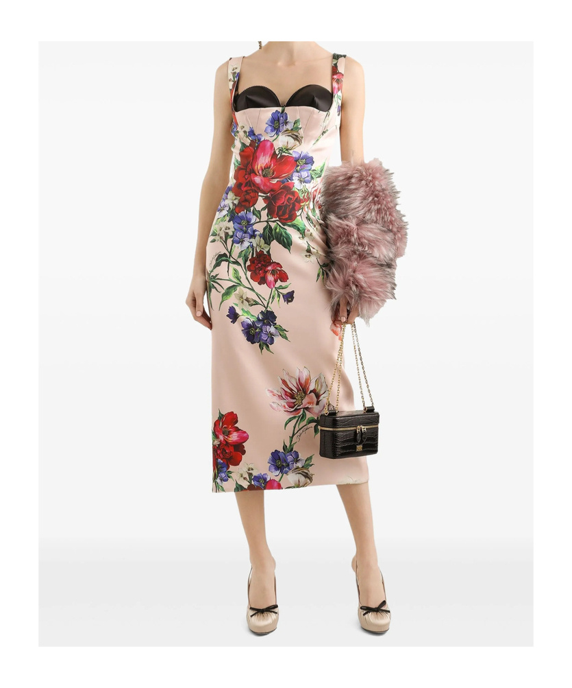 Dolce & Gabbana Satin Calf-length Sheath Dress With Floral Print In Nude