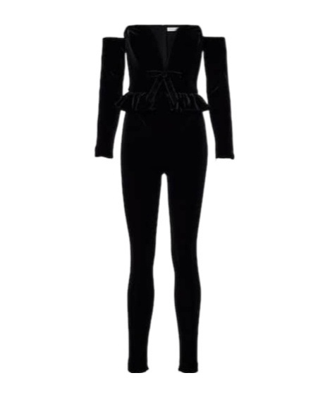 Alessandra Rich Bow-detail Ruffled Off-shoulder Velvet Jumpsuit In Black