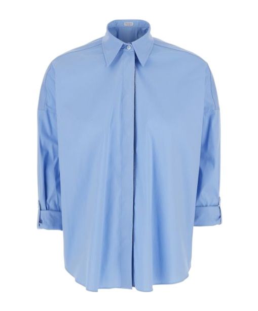 Brunello Cucinelli Oversized Light Blue Shirt With Monile Detail In Cotton Blend Woman In Blue