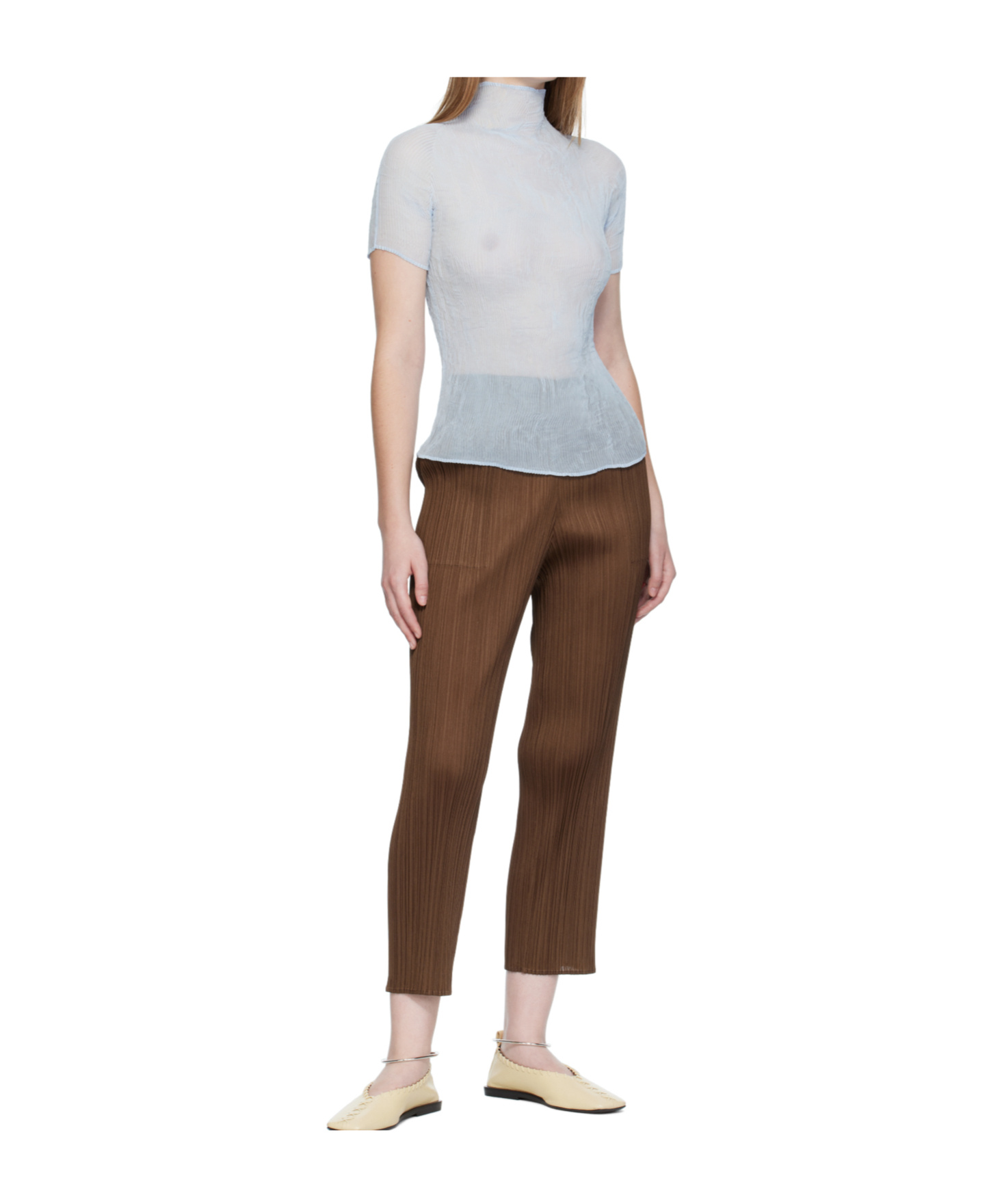 Issey Miyake Pleated High-neck Blouse In Blue