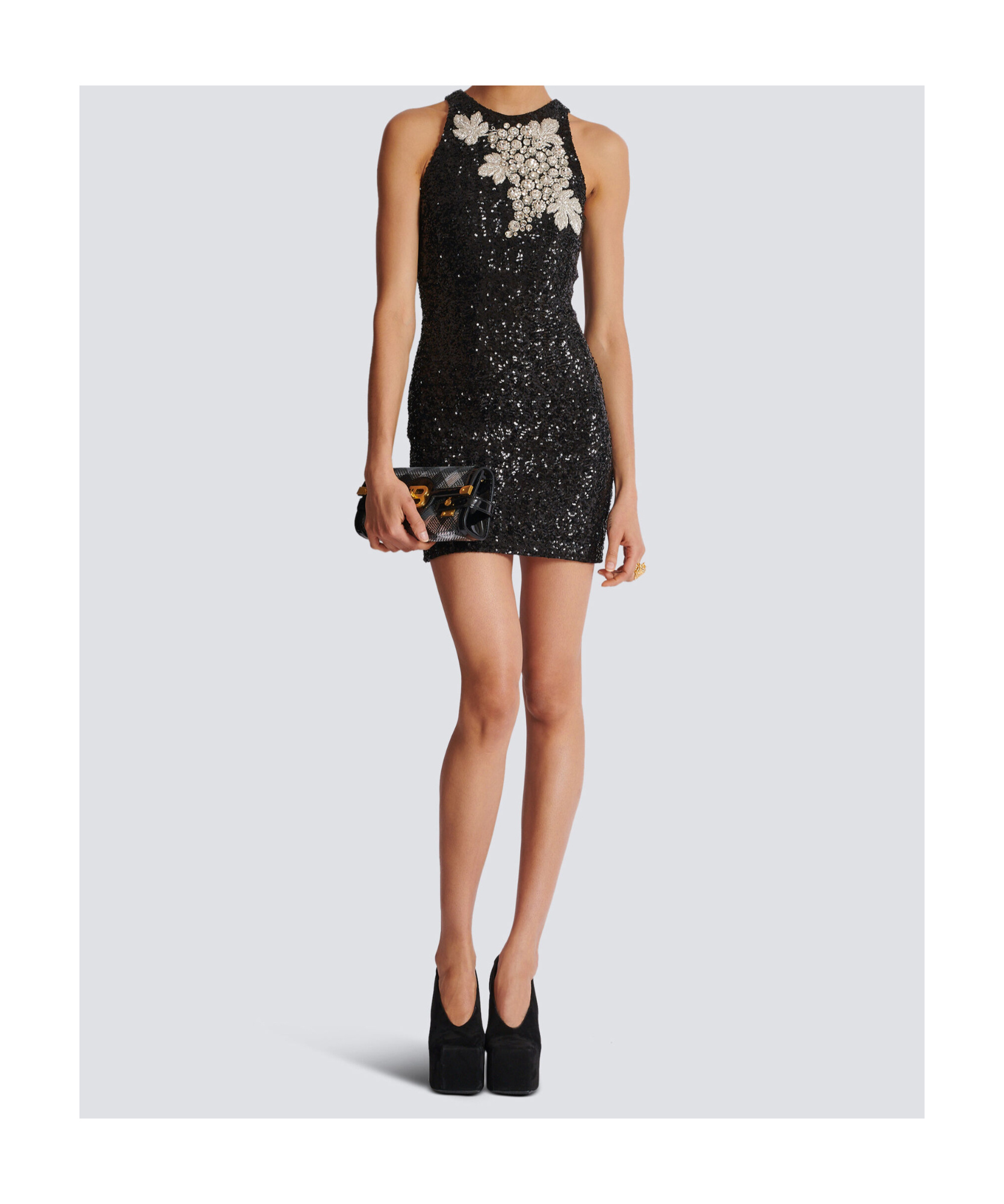 Balmain Grape Embroidery Sequined Mini Dress In Black