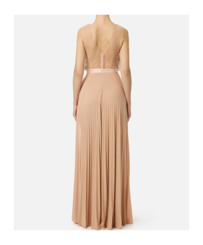 Elisabetta Franchi Red Carpet Dress In Tulle And Jersey Fabrics With Crystals In Brown