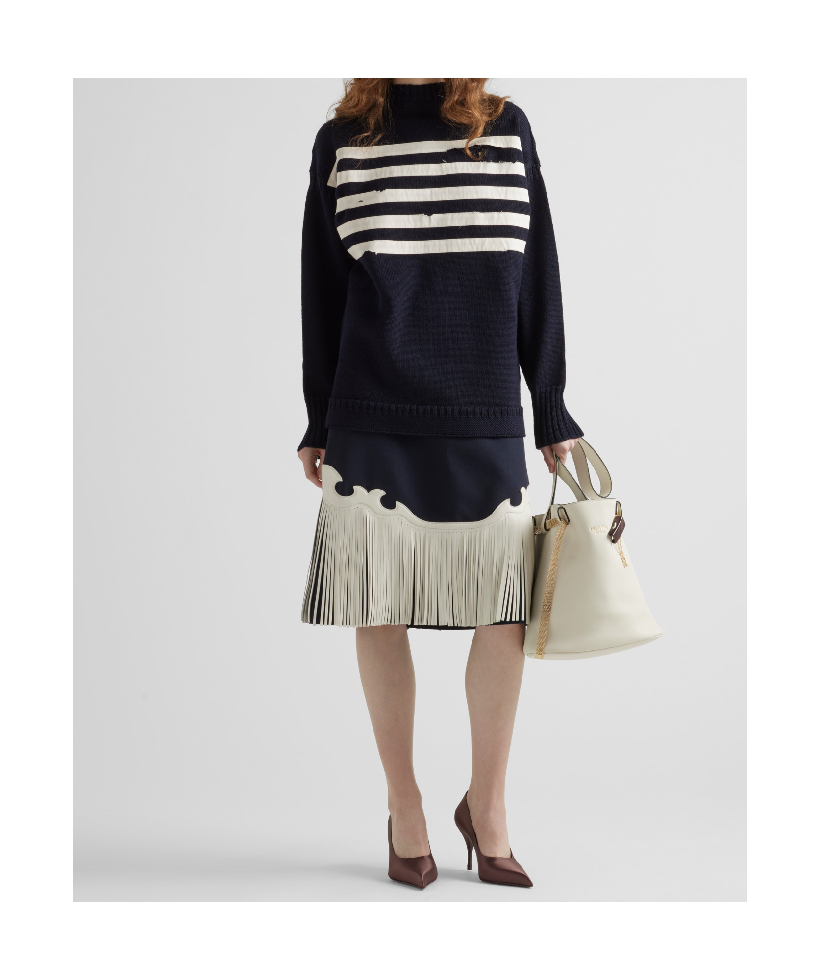 Prada Rush Stitch Skirt With Leather Fringe In Blue