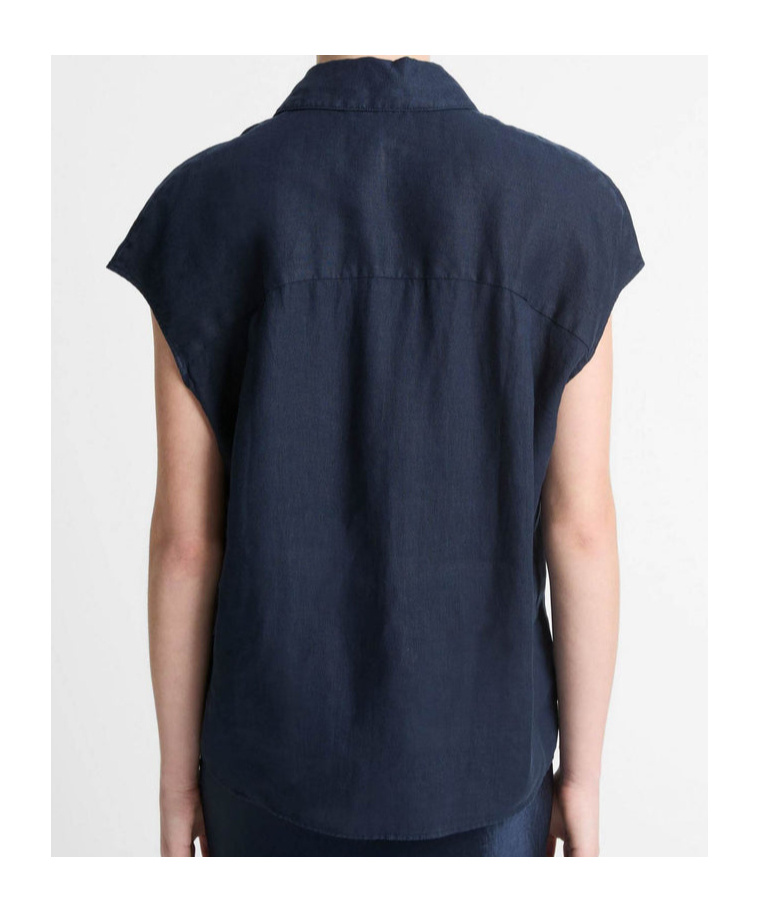 Vince Cap-sleeve Linen Button-front Blouse In Coastal Blue