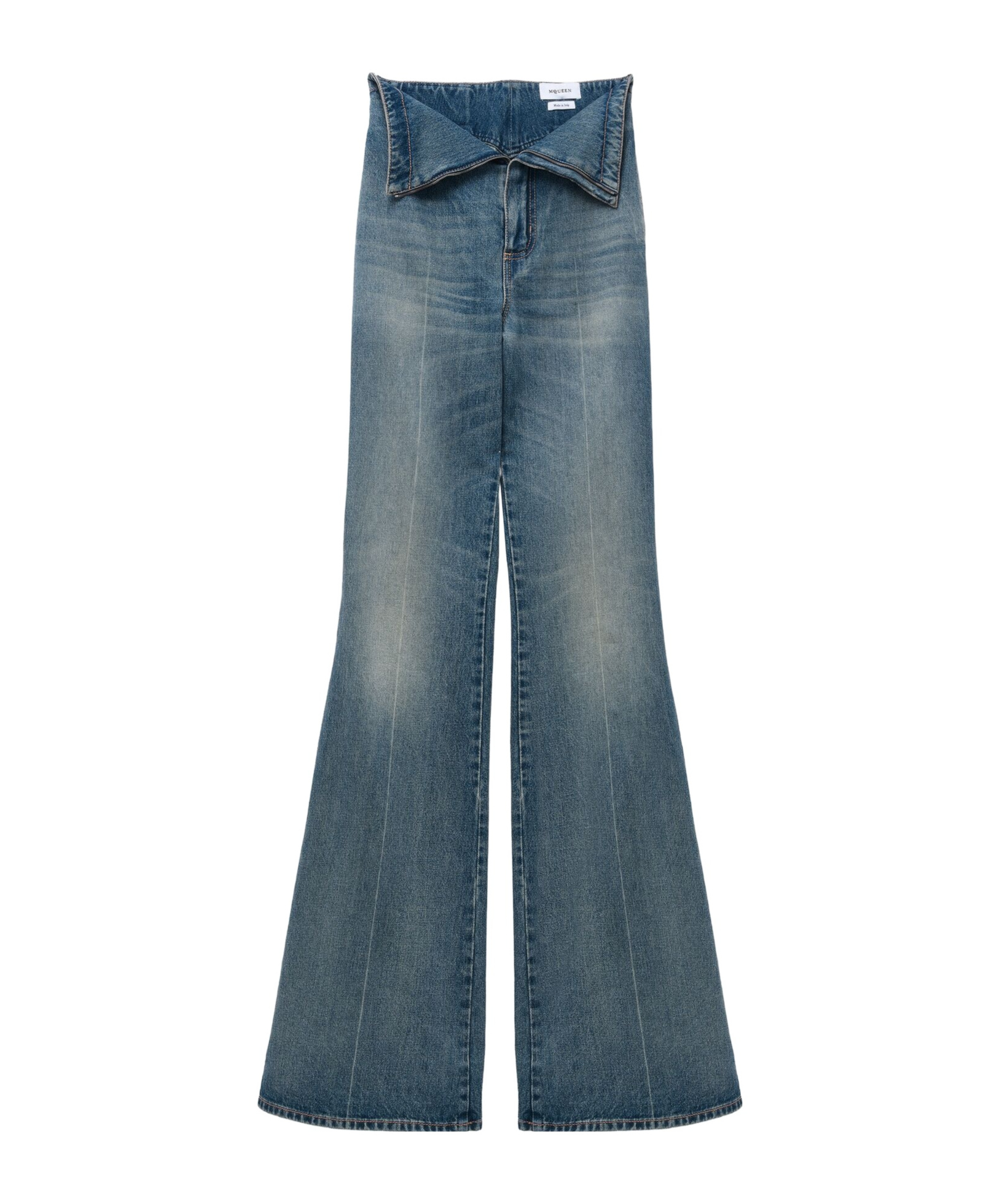 Alexander Mcqueen Blue Flared Jeans With Foldover Waist And Logo Patch On The Rear In Denim Womanaa In Blue