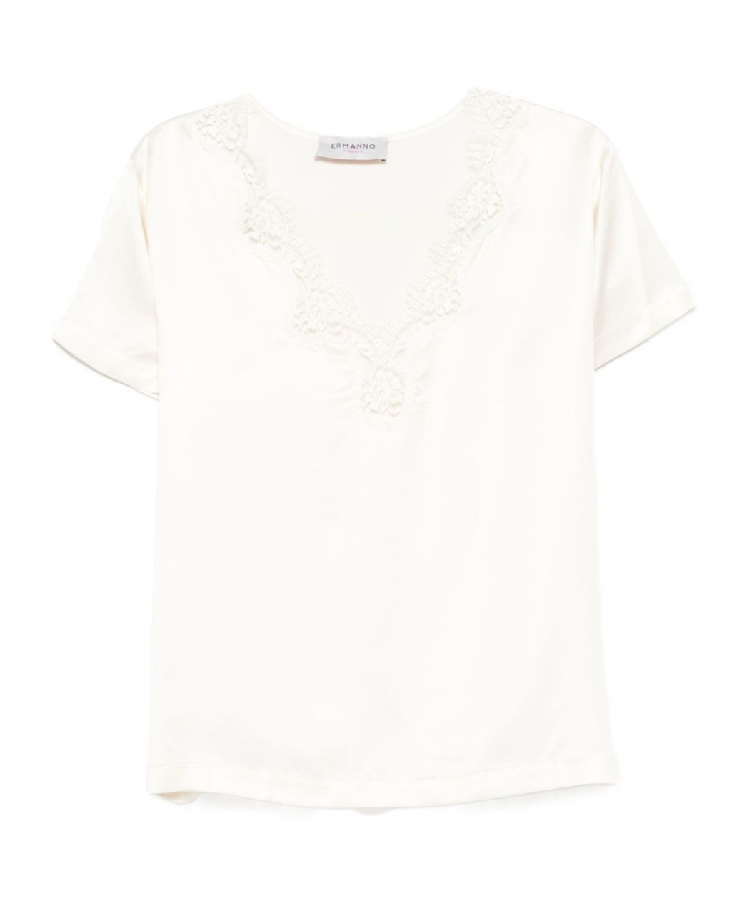 Ermanno Firenze Satin V Neck Lace Trim Top In White