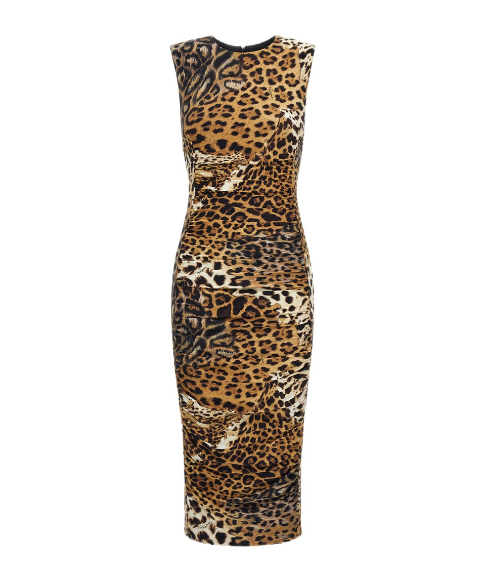 Roberto Cavalli Jaguar-print Gathered Midi Dress In Brown