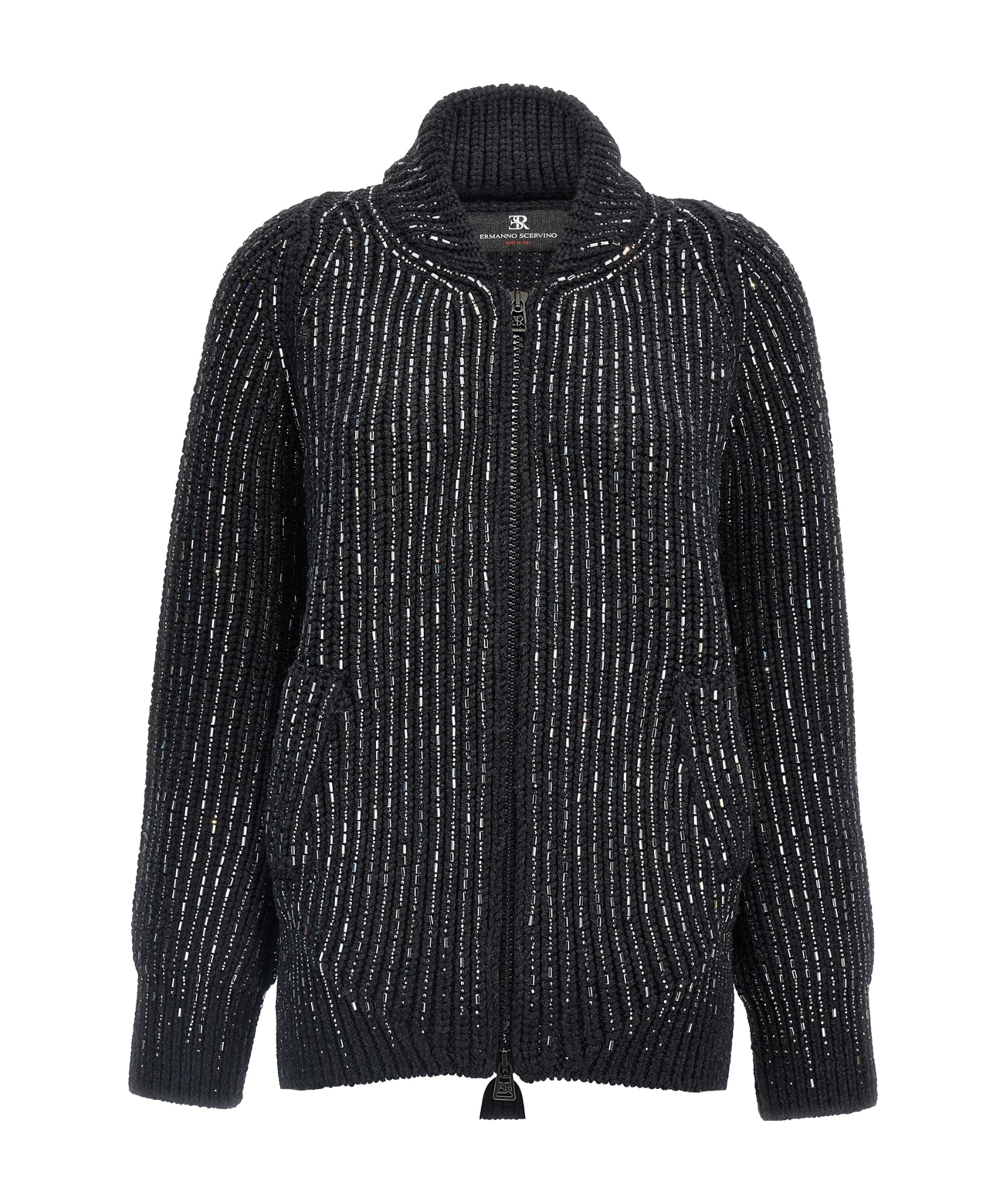 Ermanno Scervino Rhinestone-embellished Merino Wool Knit Cardigan In Black
