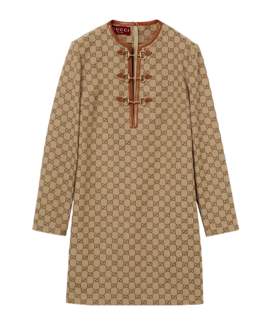 Gucci Beige Crewneck Mini Dress With Horsebit On The Front In Gg Canvas Woman In Green