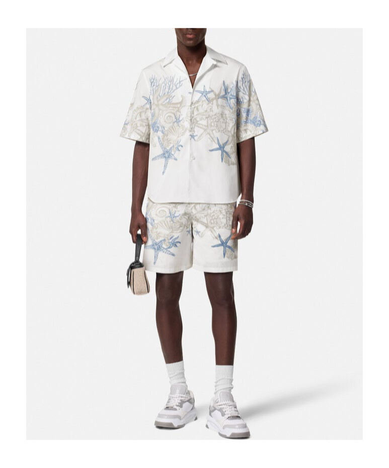 Versace Coral Print Cotton Short Sleeve Shirt In White