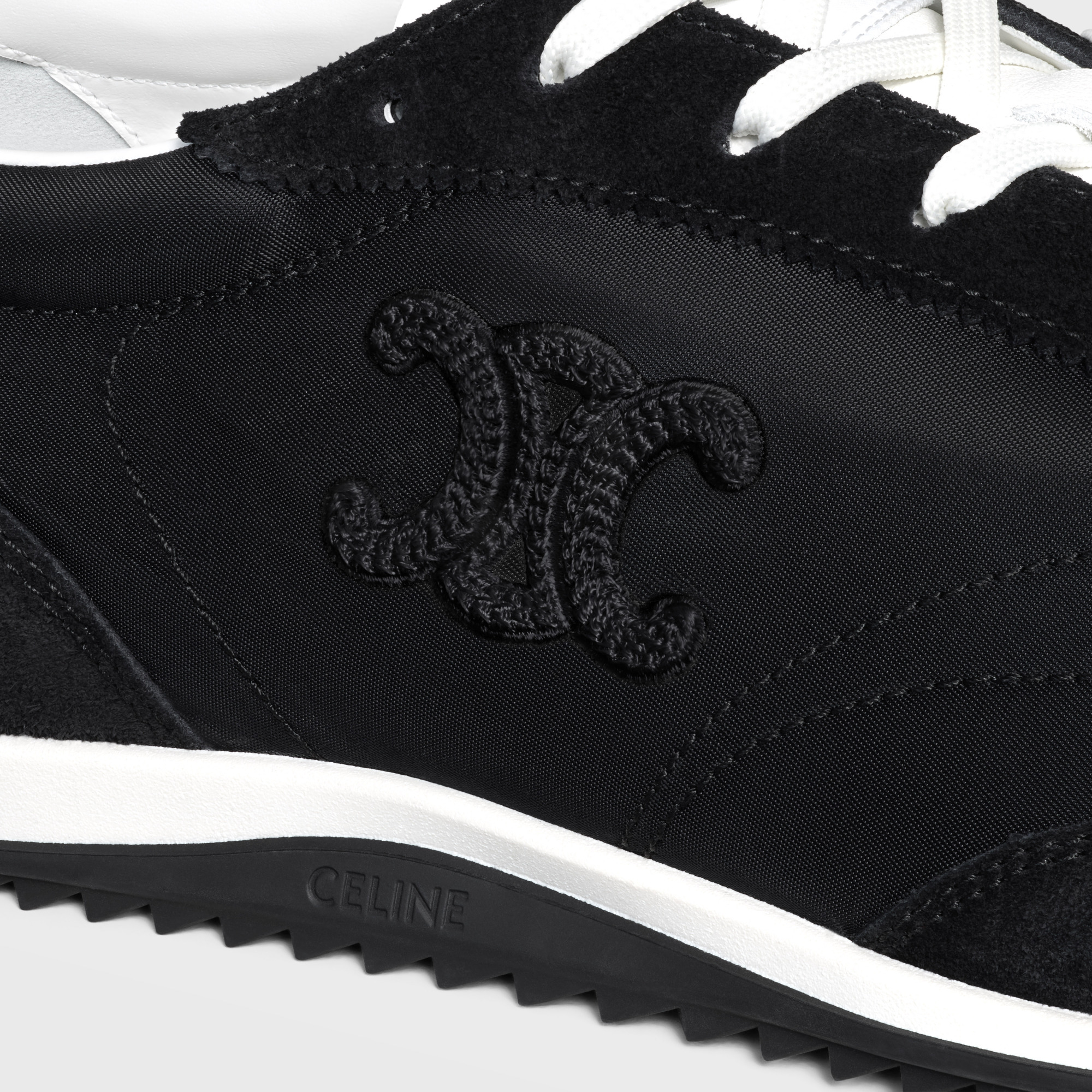 Celine Racer Low Lace-up Sneaker With Triomphe In Nylon, Suede Calfskin And Calfskin In Black