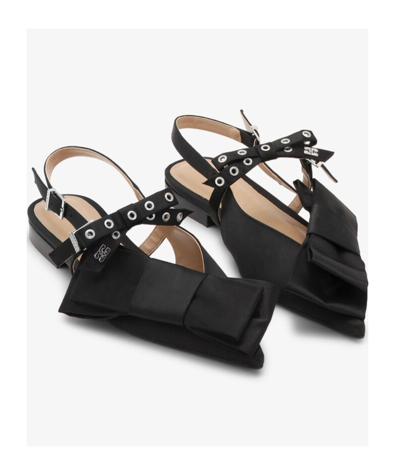 Ganni Big Bow Slingback Pointed-toe Flats In Black