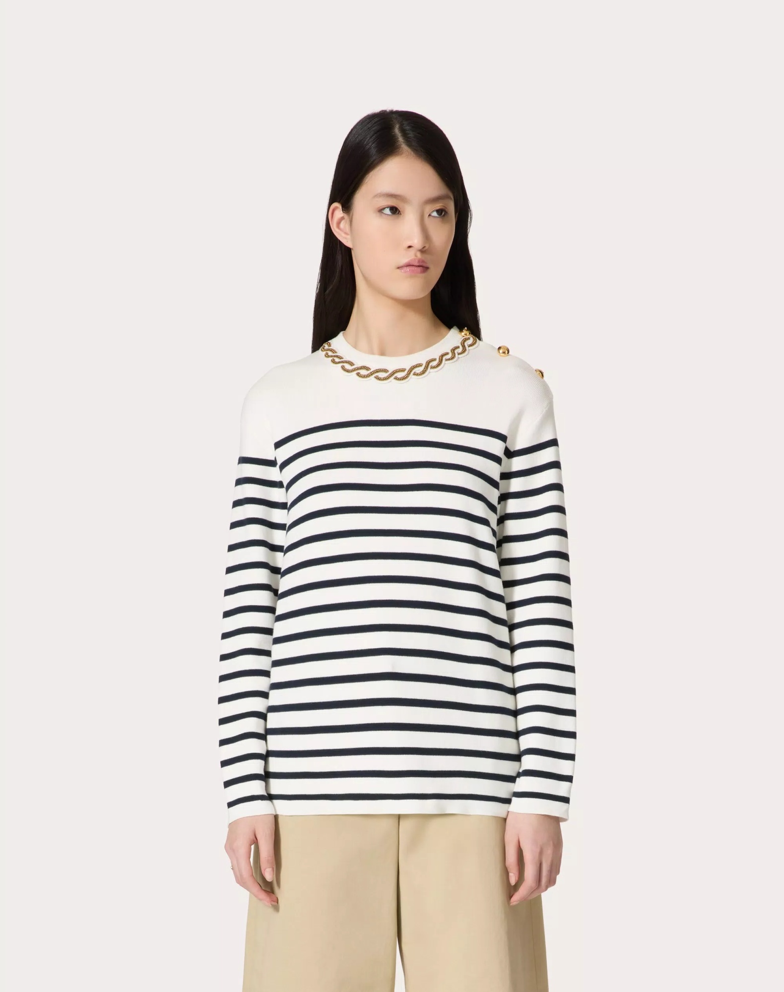 Valentino Embellished Striped Ribbed Cotton Sweater In White