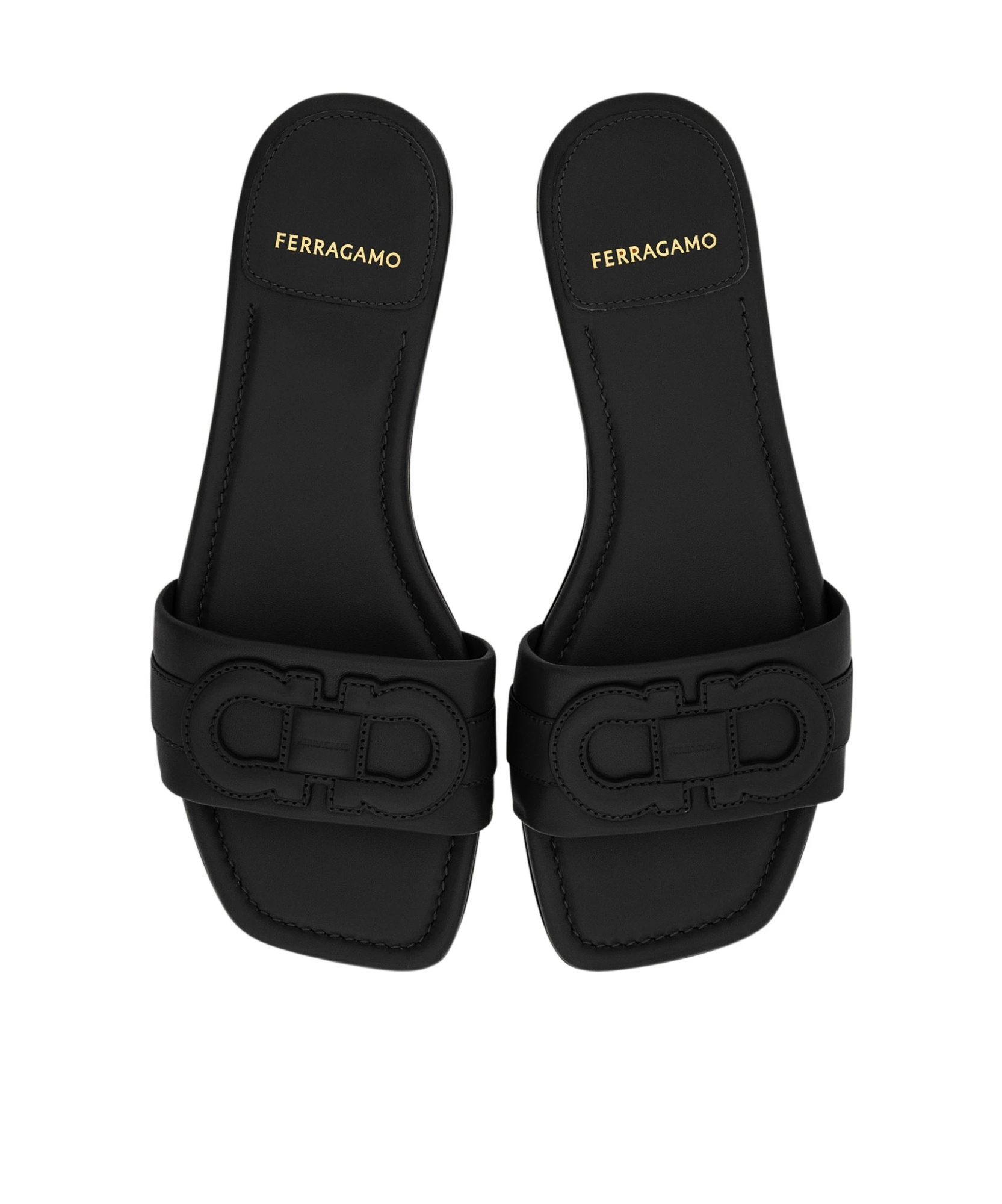 Ferragamo Liss Black Sandals With Embossed Logo On The Band And Square Toe In Leather Woman In Black