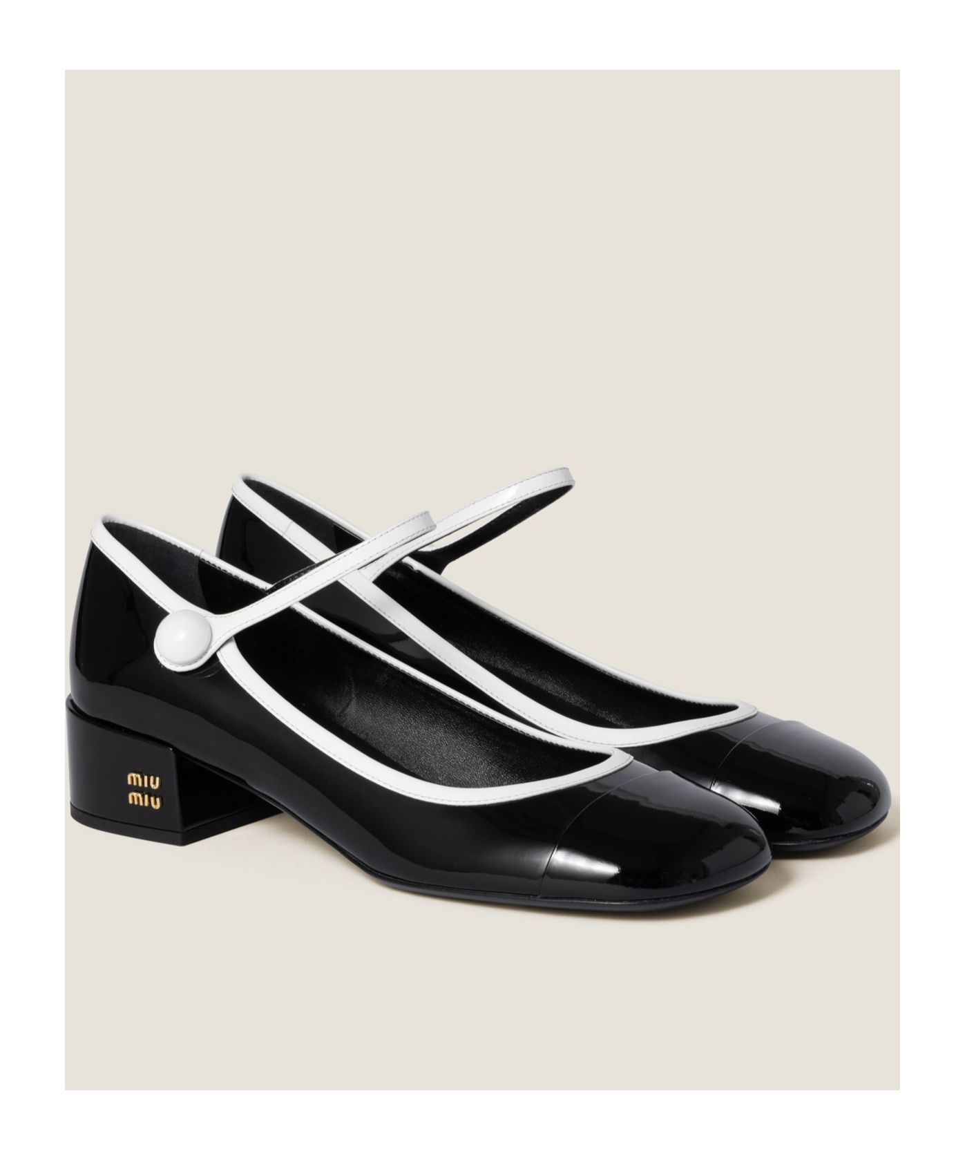 Miu Miu Leather Block Heel Pumps With Patent Finish In Black/white