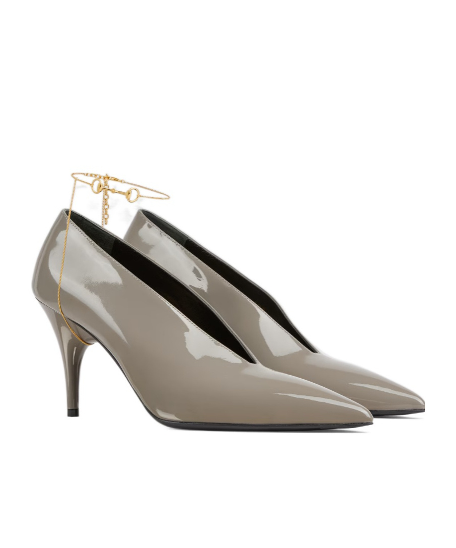 Gucci Musa Vernic Patent Leather Anklet Pumps In Gray