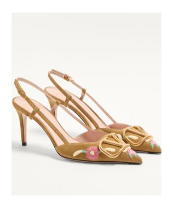 Valentino Garavani Vlogo Signature Slingback Pump In Crust Leather With Floral Embroidery 80mm Woman In Brown