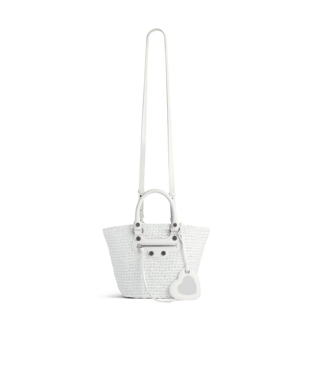 Balenciaga White Raffia Small Le Cagole Panier Handbag In White
