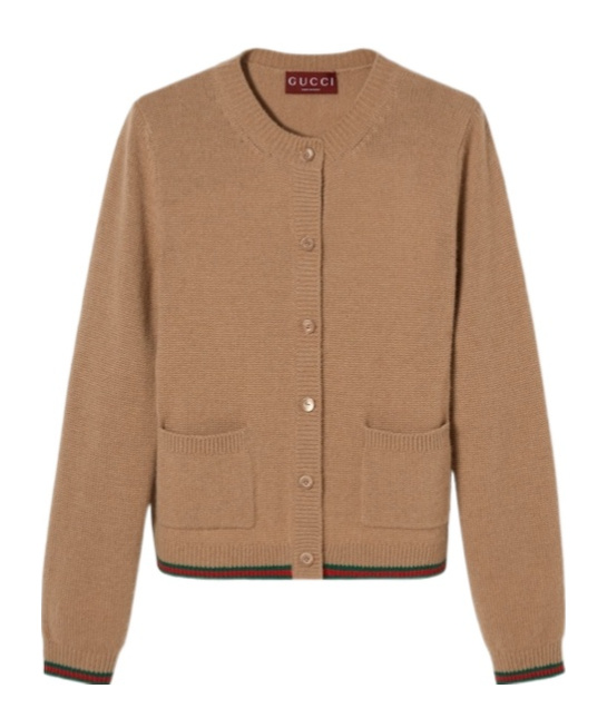 Gucci Long-sleeved Cashmere Cardigan With Web Trims In Brown