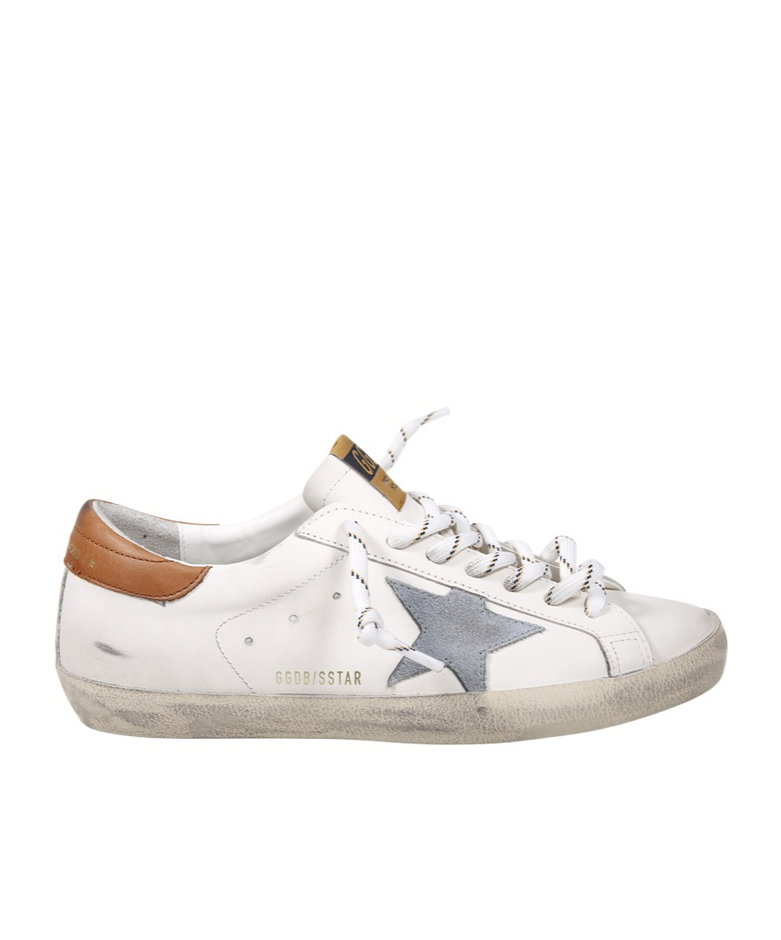 Golden Goose Super-star White Leather Sneakers With Grey Suede Star And Brown Heel In White