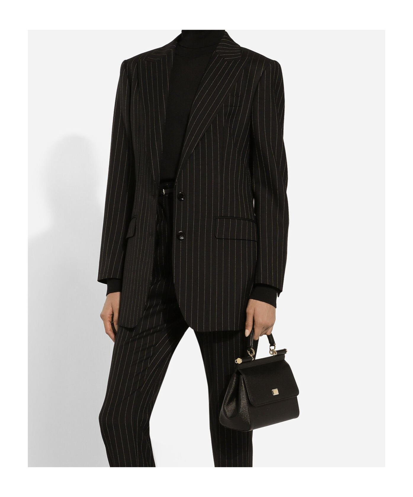 Dolce & Gabbana Vertical Striped Wool Suit With Buttoned Hems In Black