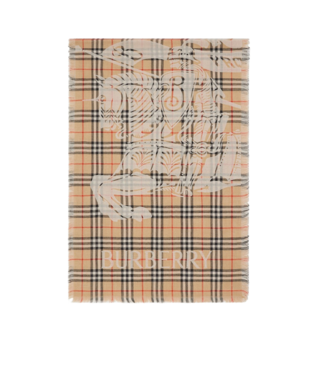 Burberry Equestrian Knight Motif Checked Frayed-edge Scarf In Nude