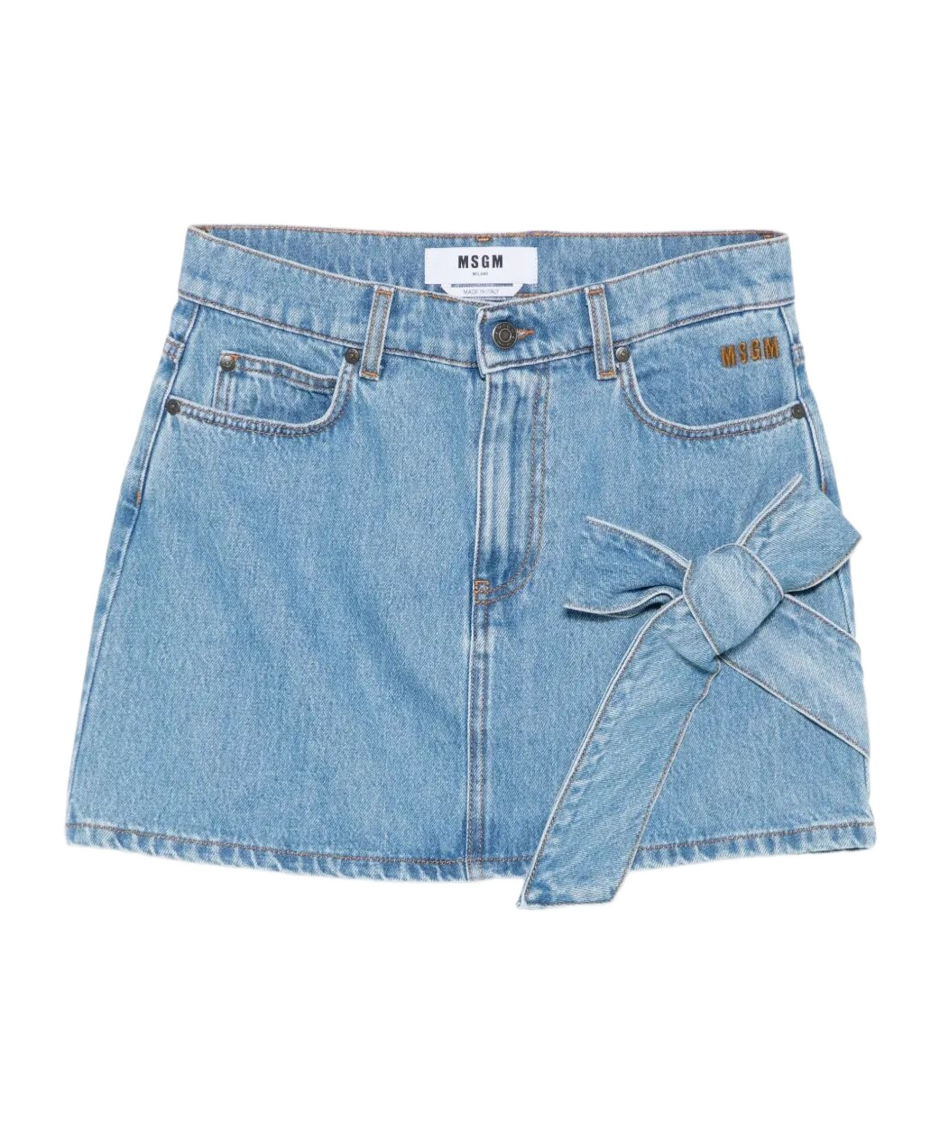 Msgm Bow-detail Denim Mini Straight Skirt In Blue