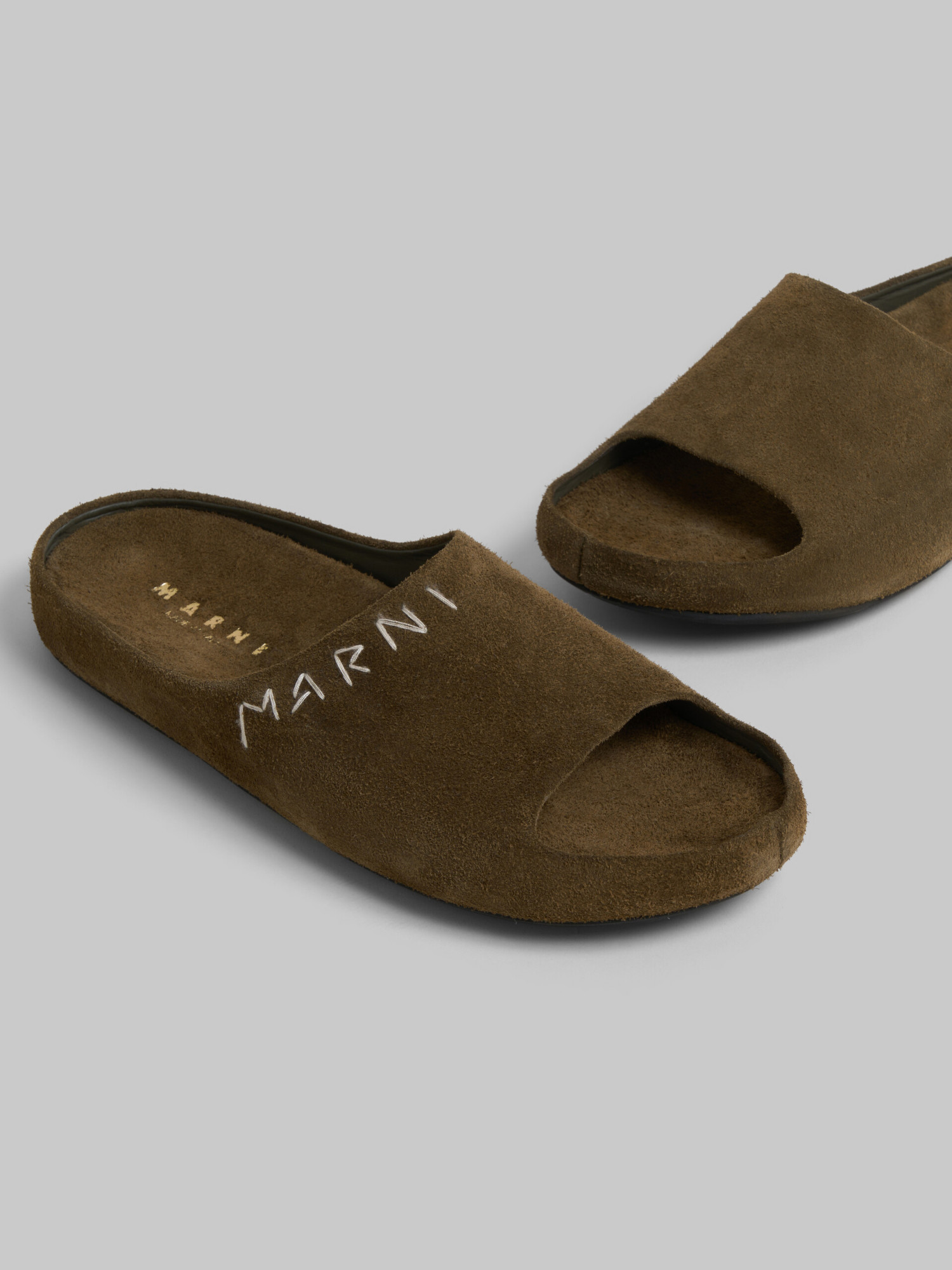Marni Logo-embroidered Suede Slides In Brown