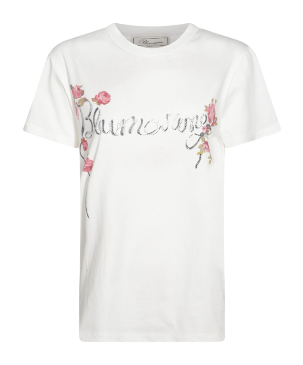 Shop Blumarine Logo Embellished Floral Printed T-shirt In White