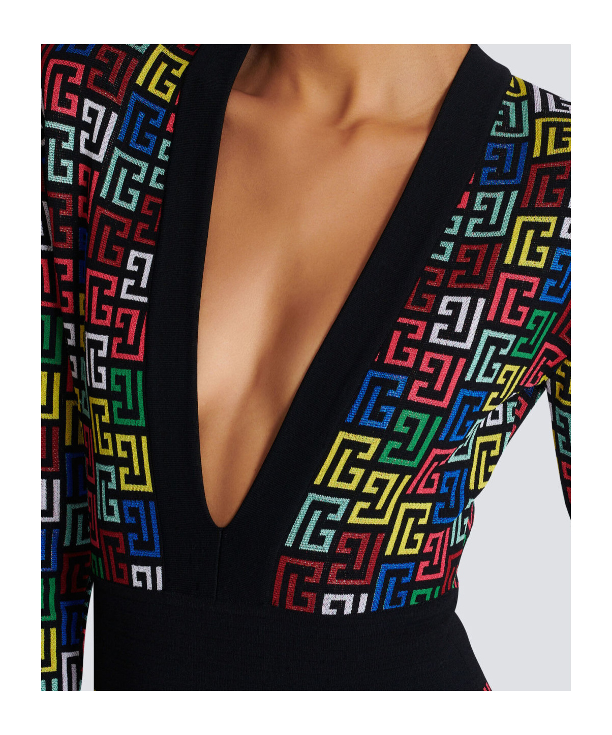 Balmain Knit Dress With Monogram And Geometric Pattern In Black